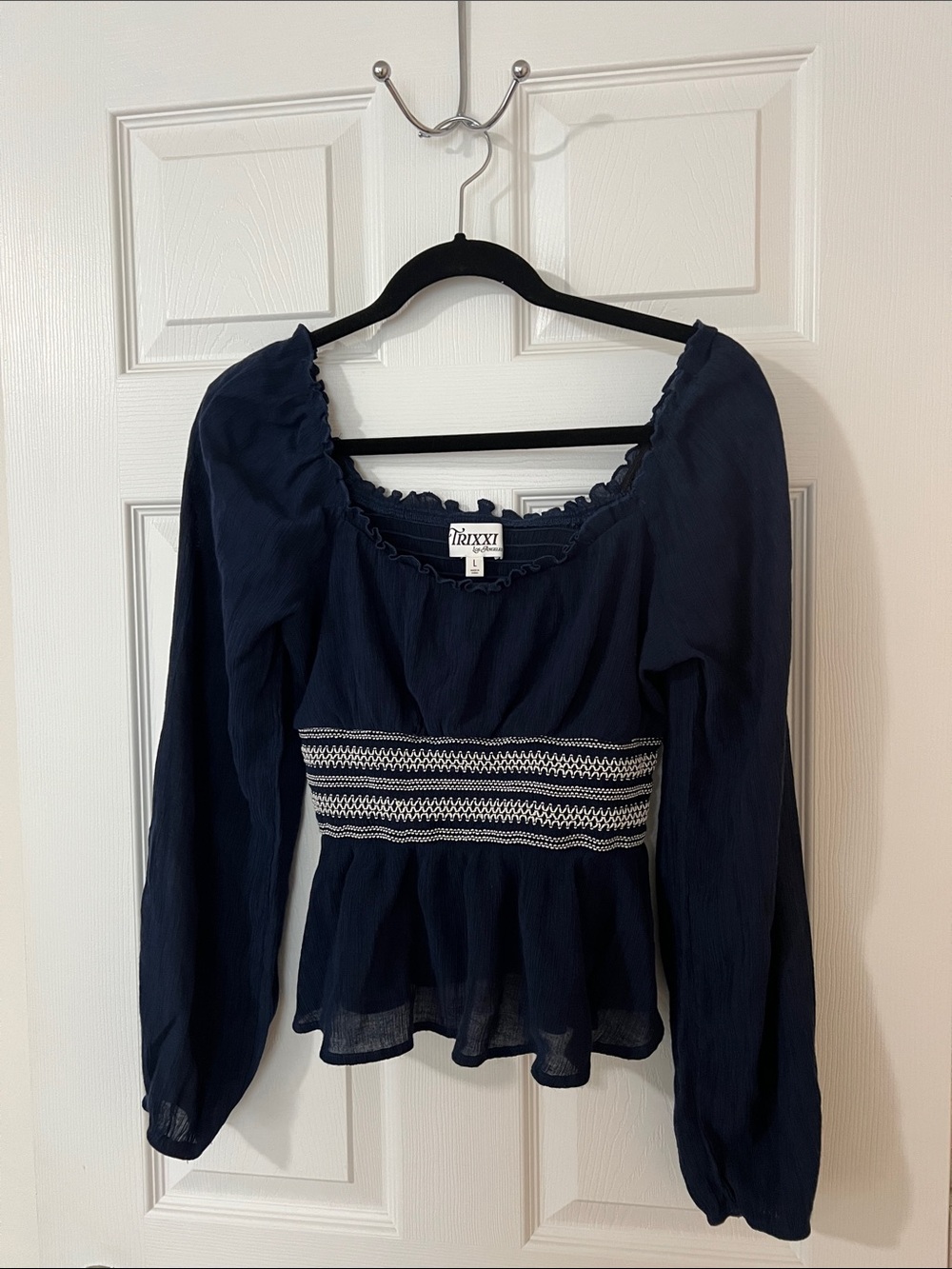 Trixxi Navy Long-Sleeve Peplum Smocked-Waist Top